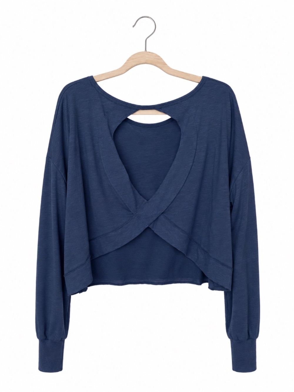 NWT LASLULU Open Cutout Back Long Sleeve Crop Top Thumbholes Navy Blue L